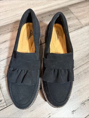Clarks Black Suede Ruffle Loafers